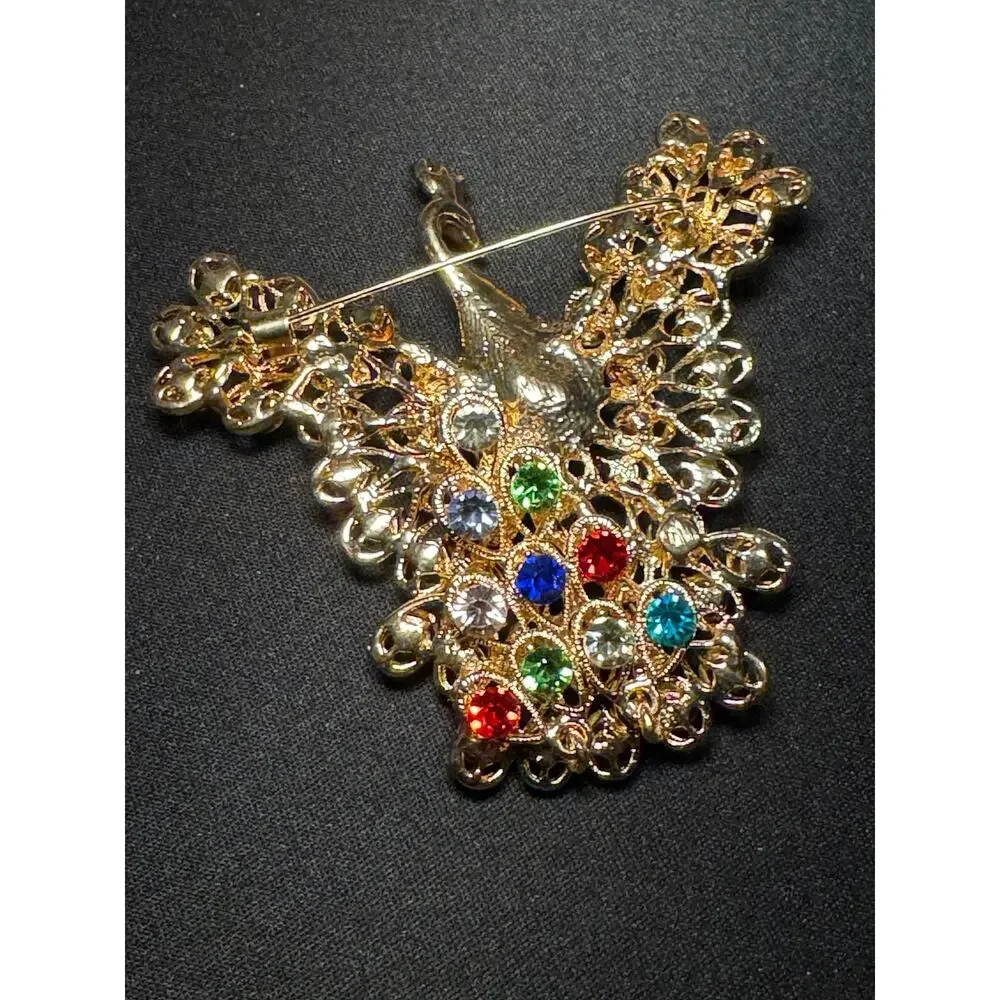 Large Multicolored Rhinstone Articulated Peacock Brooch
